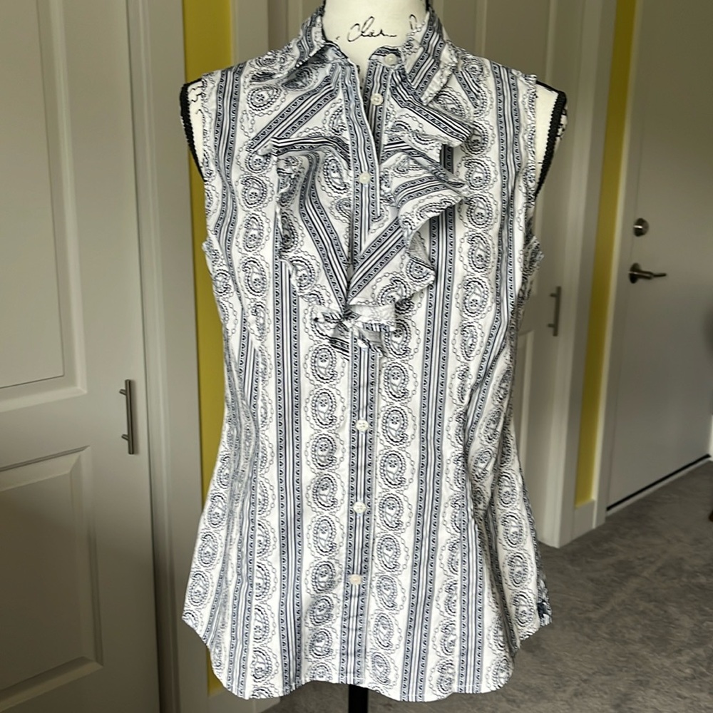 Tommy Hilfiger Collared Ruffled Front Sleeveless Blouse, White with Navy